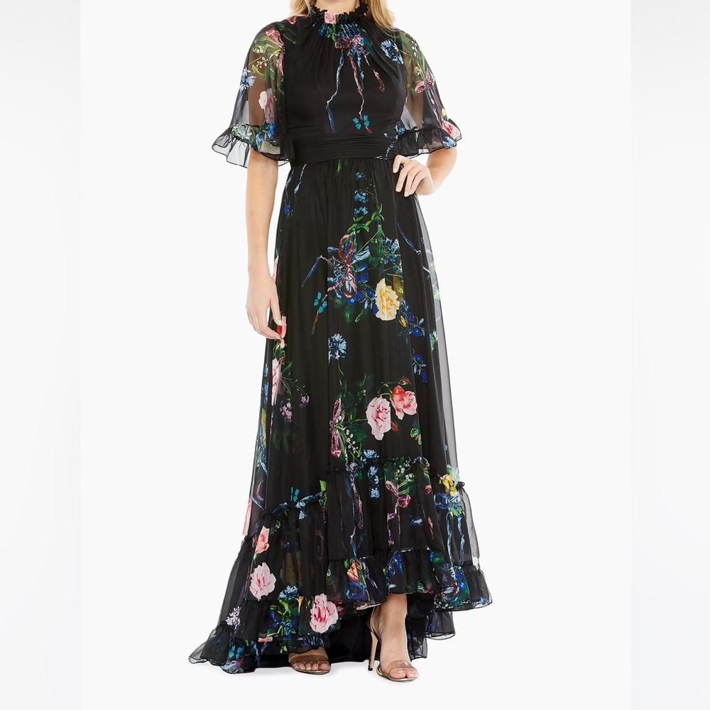Mac Duggal Floral High-Neck Flutter-Sleeve Gown
